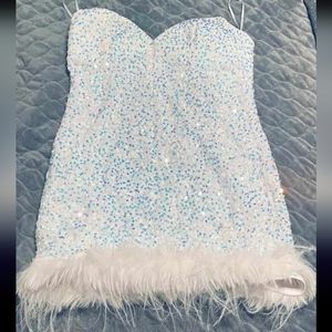 Fashion Nova White Sequin Feather Mini Dress